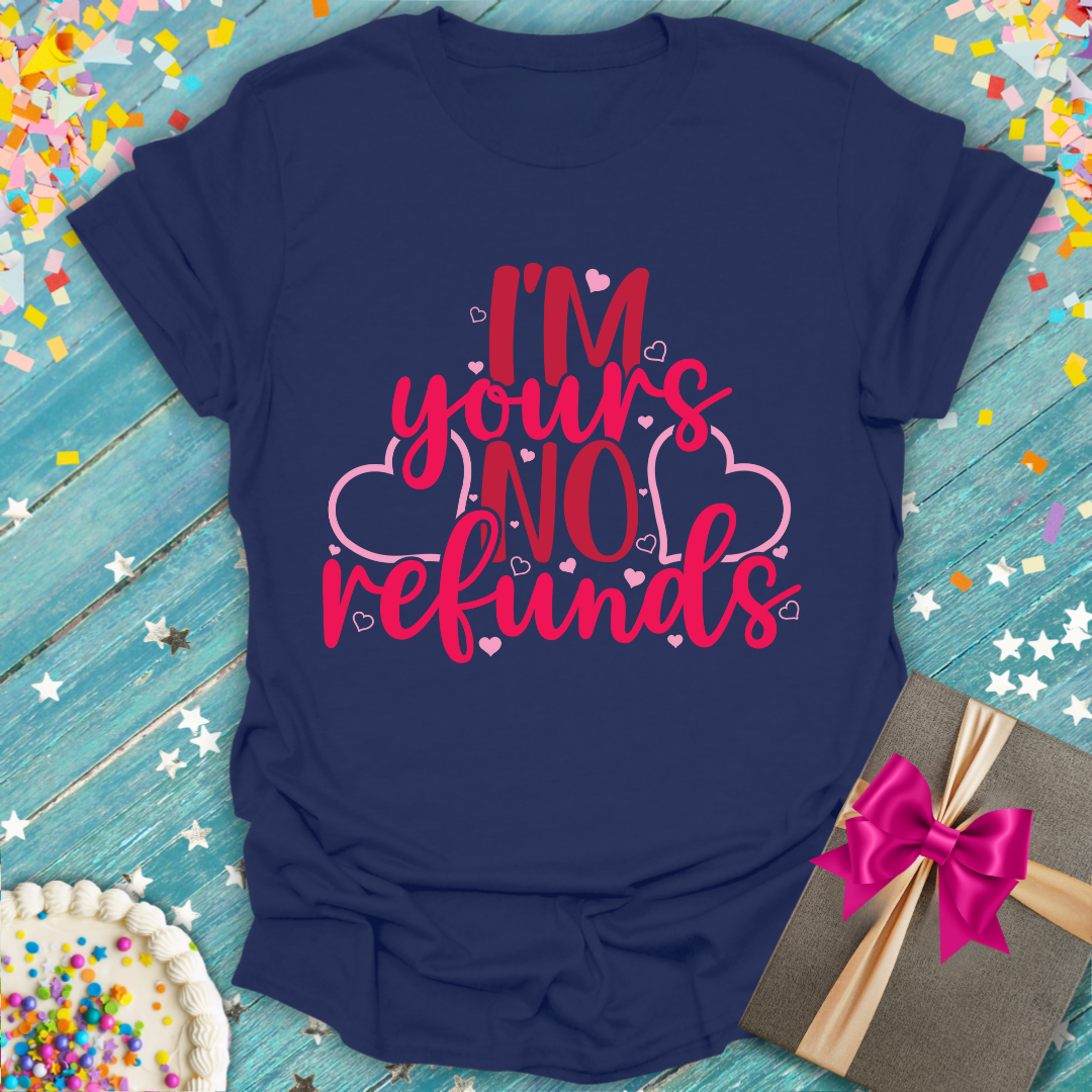 Navy Epic Era Tees shirt with red cursive 'I'm Yours, No Refunds' text and heart graphics.