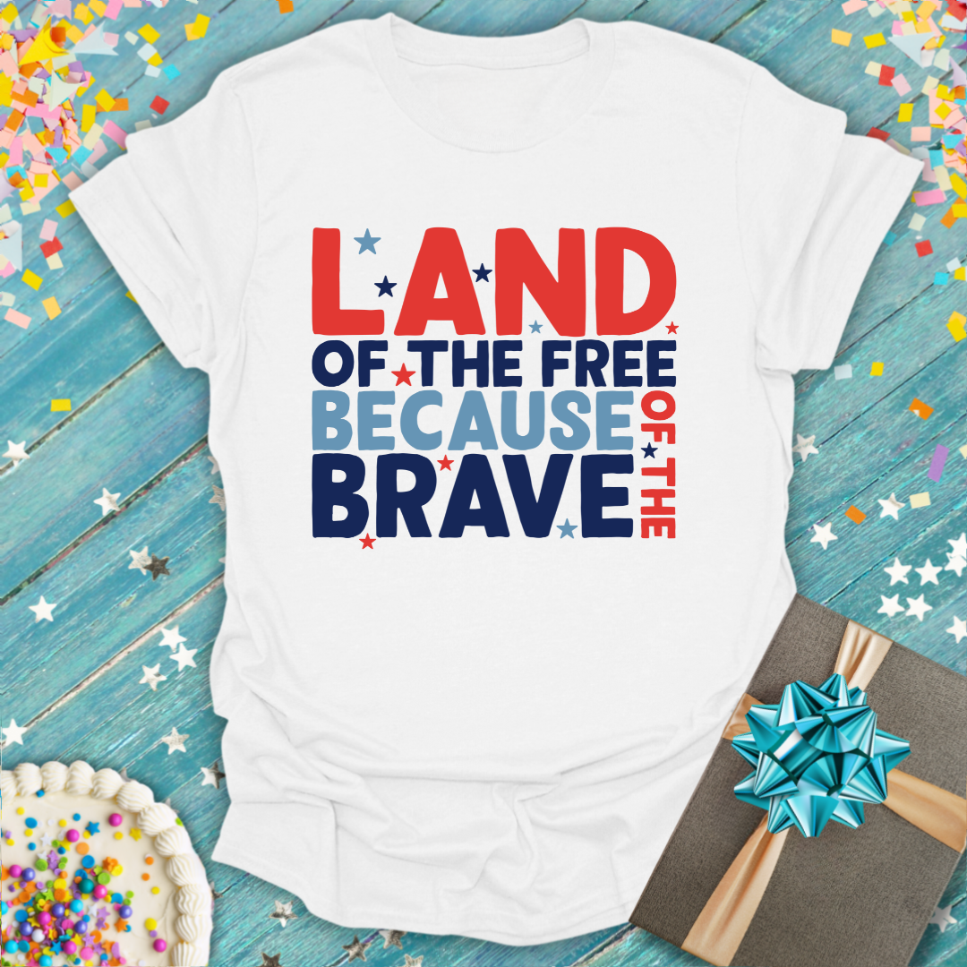 White Epic Era Tees Land of the Free Patriotic T-Shirt with red, white, and blue starry text design.