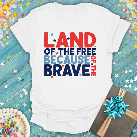 White Epic Era Tees Land of the Free Patriotic T-Shirt with red, white, and blue starry text design.