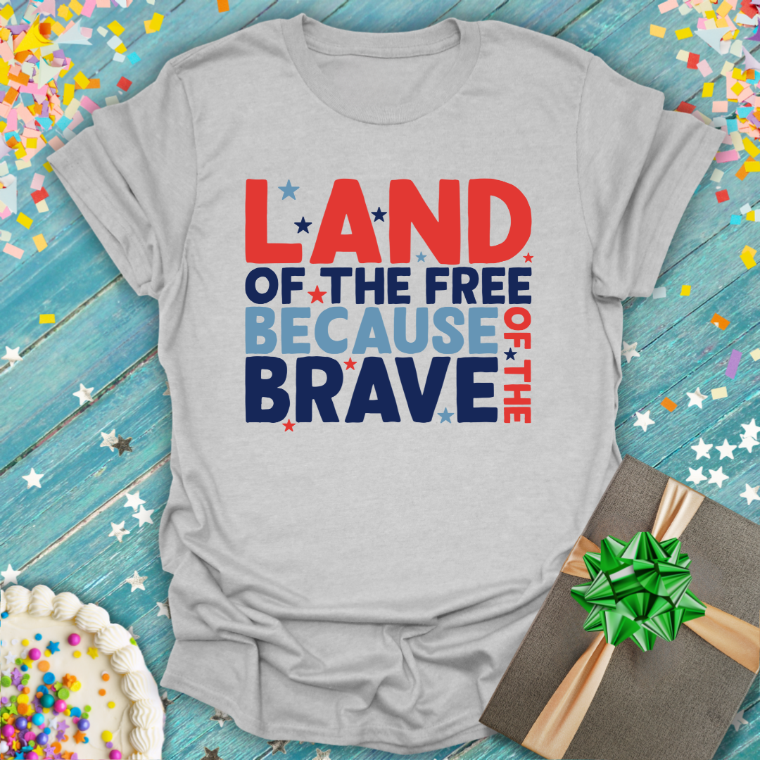Epic Era Tees Land of the Free Patriotic T-Shirt in grey with red, white, and blue text.