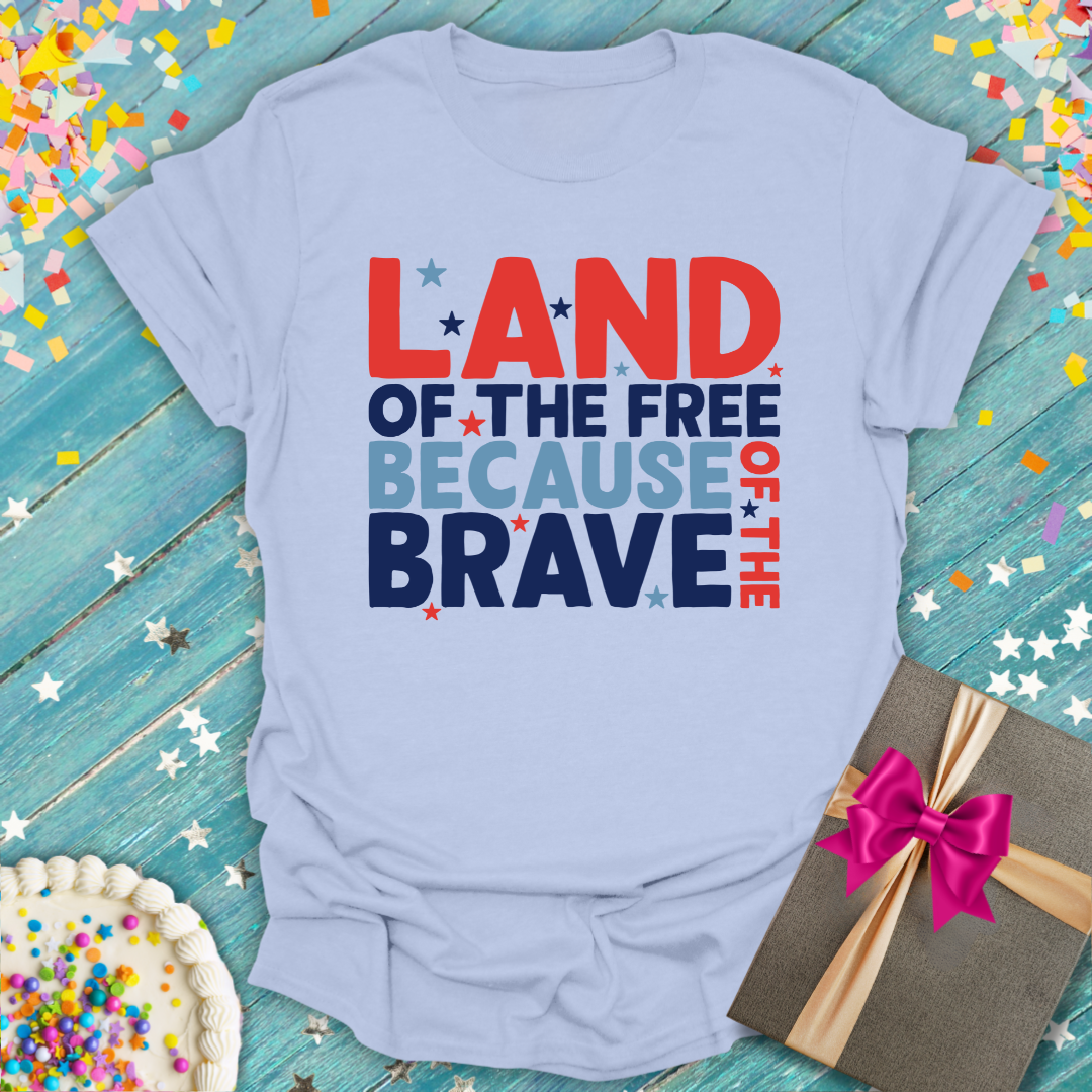 Epic Era Tees light blue Land of the Free Patriotic T-Shirt with red, white, and blue text and stars.