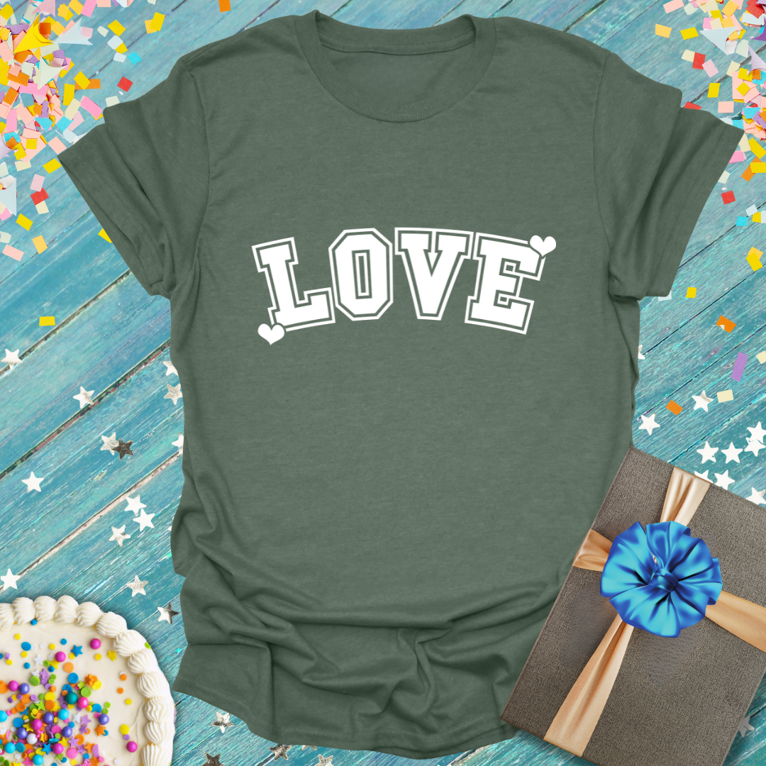 Epic Era Tees Valentines LOVE T-Shirt in olive green with white collegiate-style text and heart accents.