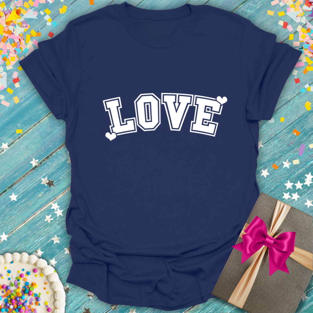 Epic Era Tees navy blue Valentines LOVE T-Shirt featuring white varsity style lettering and small hearts.