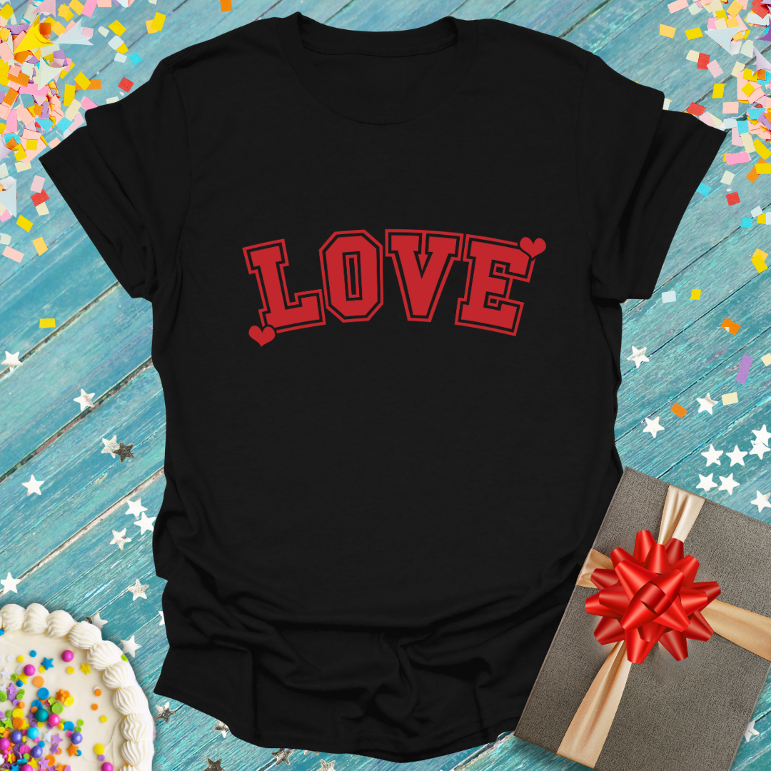 Epic Era Tees black Valentines LOVE T-Shirt with red varsity style text and small heart accents.