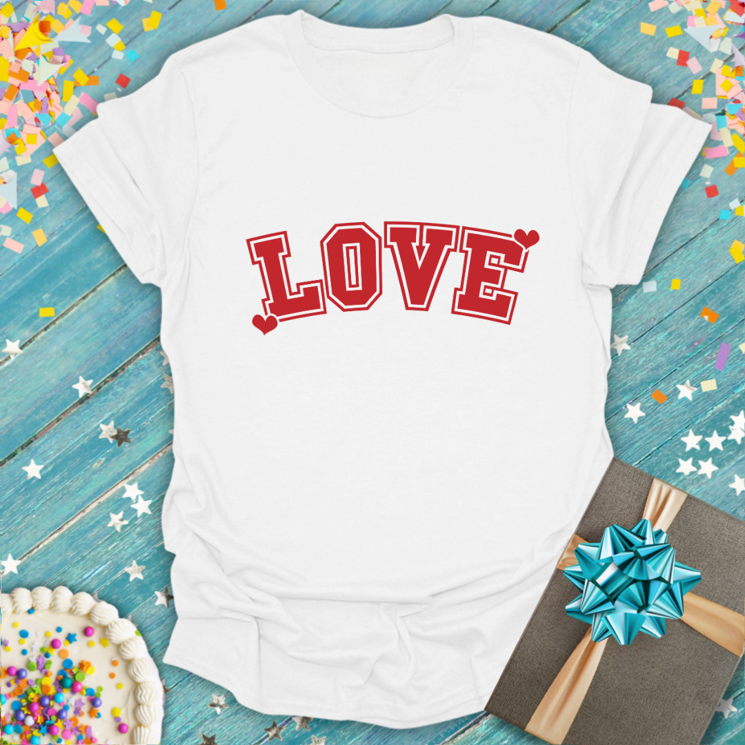 White Epic Era Tees Valentines LOVE T-Shirt featuring red collegiate-style text with small heart accents.