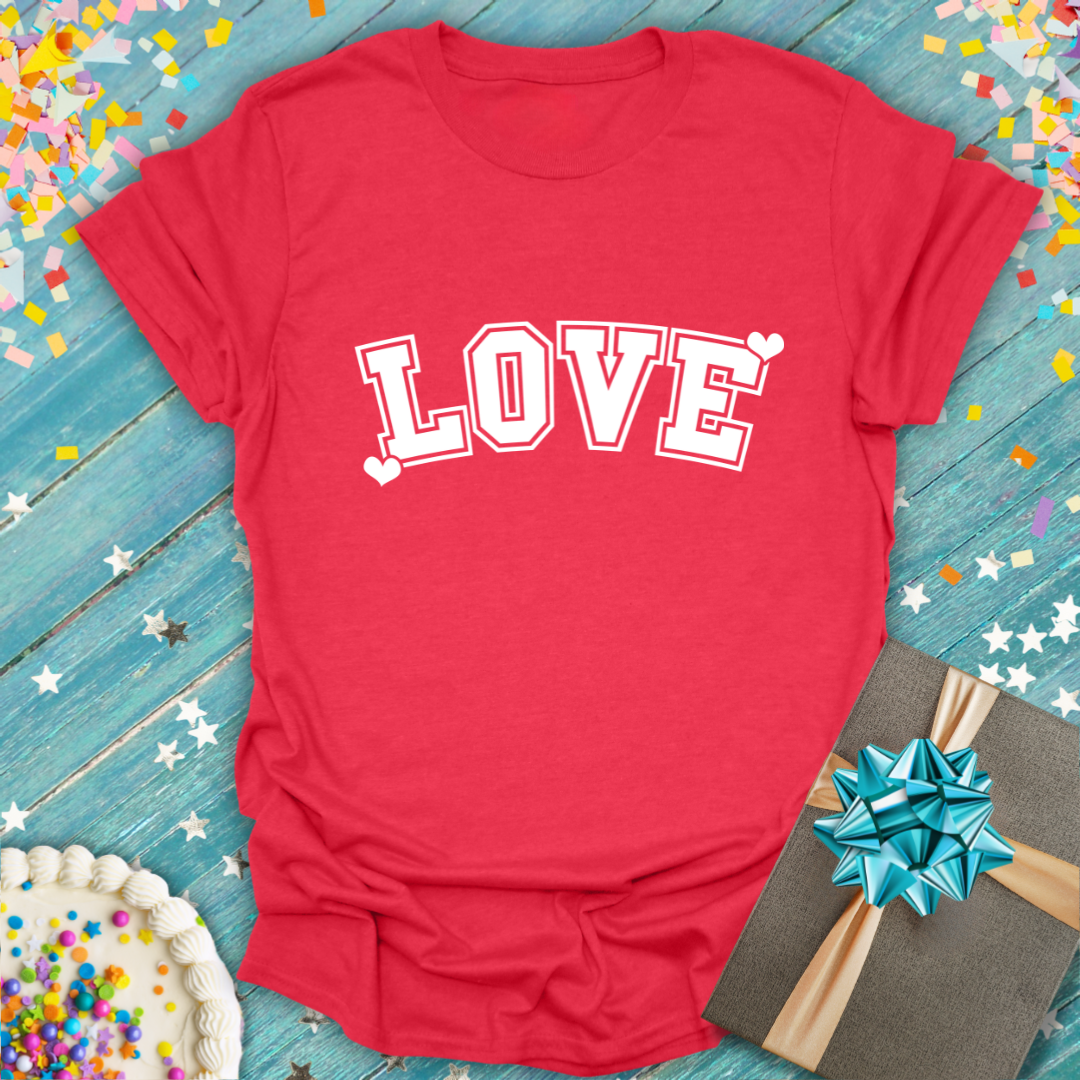 Red Epic Era Tees Valentines LOVE T-Shirt featuring bold, collegiate-style white text with heart accents.