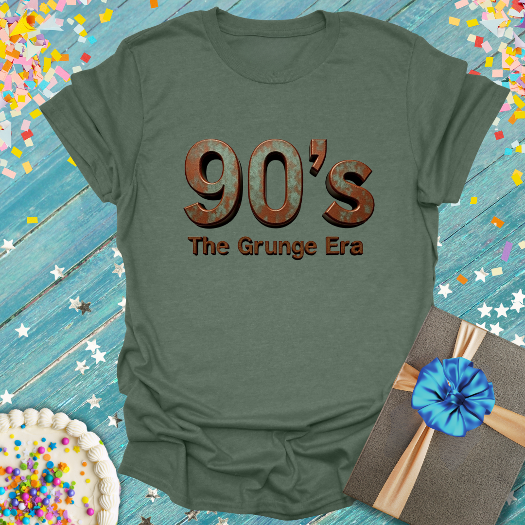 Epic Era Tees olive green t-shirt featuring '90's The Grunge Era' in rusty, 3D metallic text.