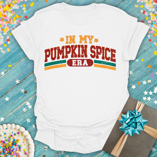 White Epic Era Tees t-shirt featuring 'In My Pumpkin Spice Era' in vintage orange and red typography.