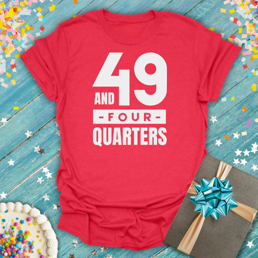 Red Epic Era Tees 49 and 4 Quarters ERA T-Shirt with bold white text, styled with a gift and confetti.
