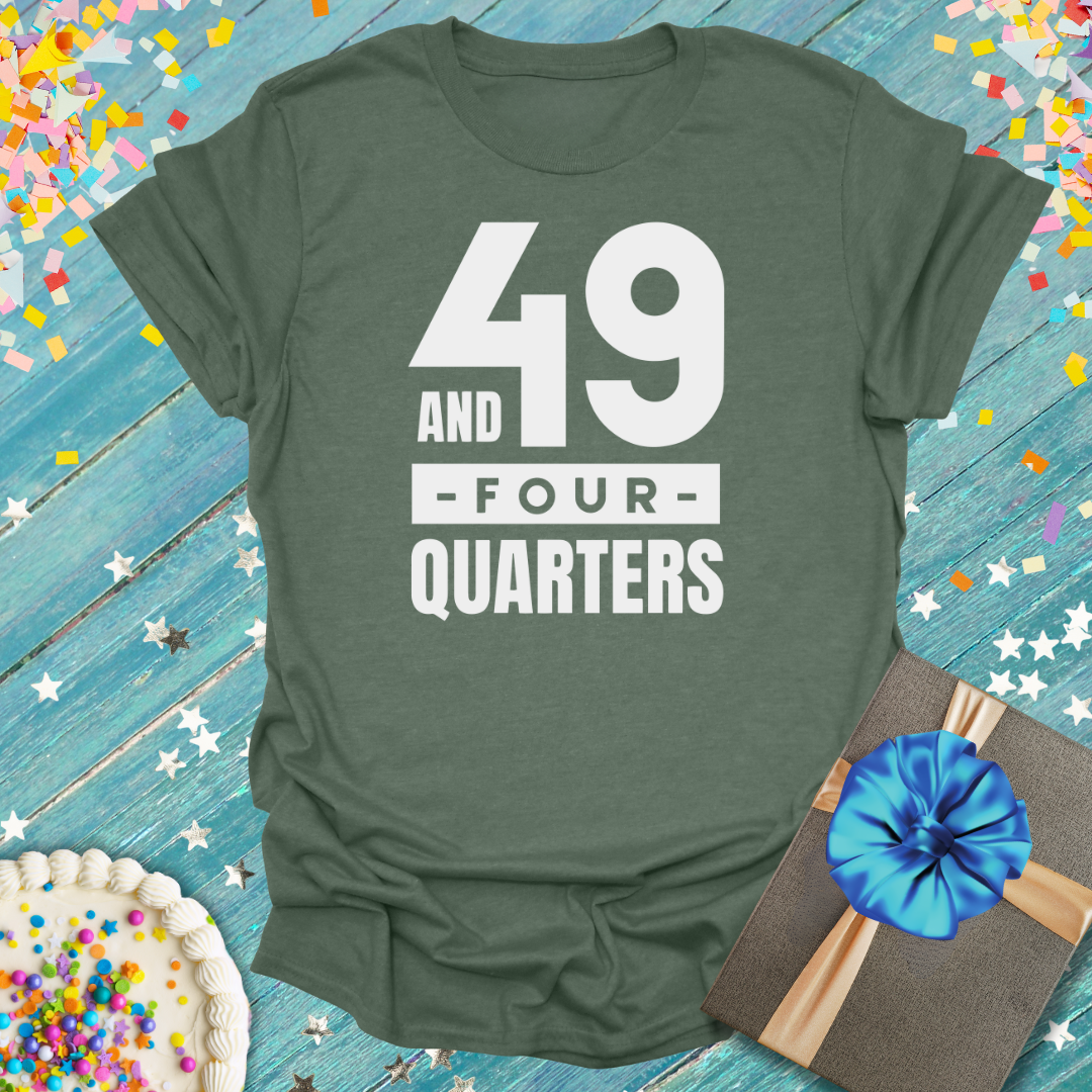 Epic Era Tees olive green t-shirt with white '49 and Four Quarters' text design.