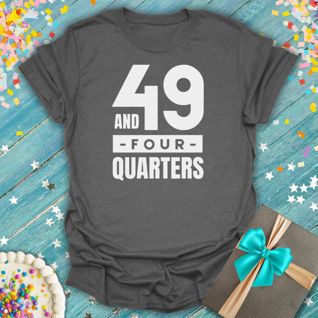 Dark grey Epic Era Tees t-shirt with white '49 and Four Quarters' bold text design.