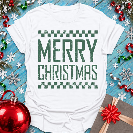 White Epic Era Tees Merry Christmas T-Shirt featuring green distressed text and checkered borders.