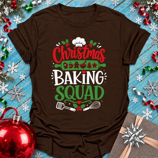 Brown Epic Era Tees Christmas Baking Squad T-Shirt with festive baking graphics and text.