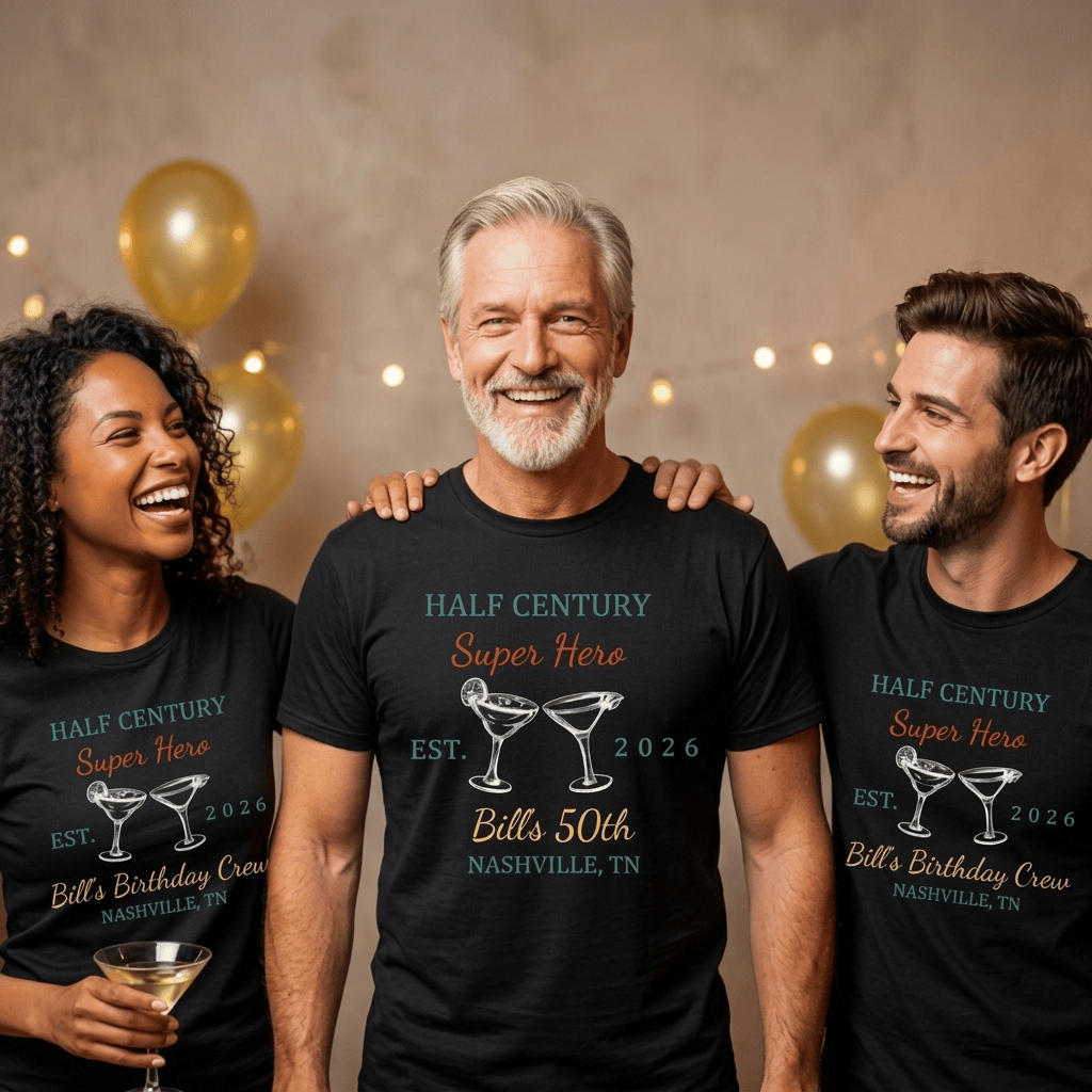 Half Century Super Hero 50th birthday tees for Bill's Nashville crew, celebrating with martini glasses and gold balloons