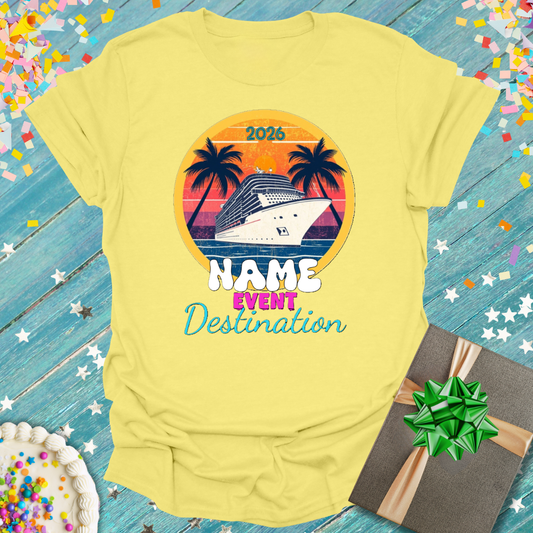 Yellow Epic Era Tees shirt with a retro cruise ship, palm trees, and customizable text design.