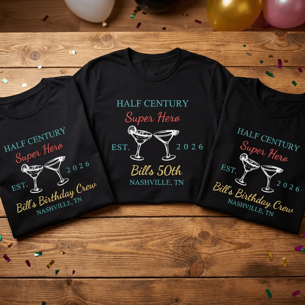 Half Century Super Hero 50th birthday tees for Bill’s crew, Nashville TN, with martini glasses on black shirts