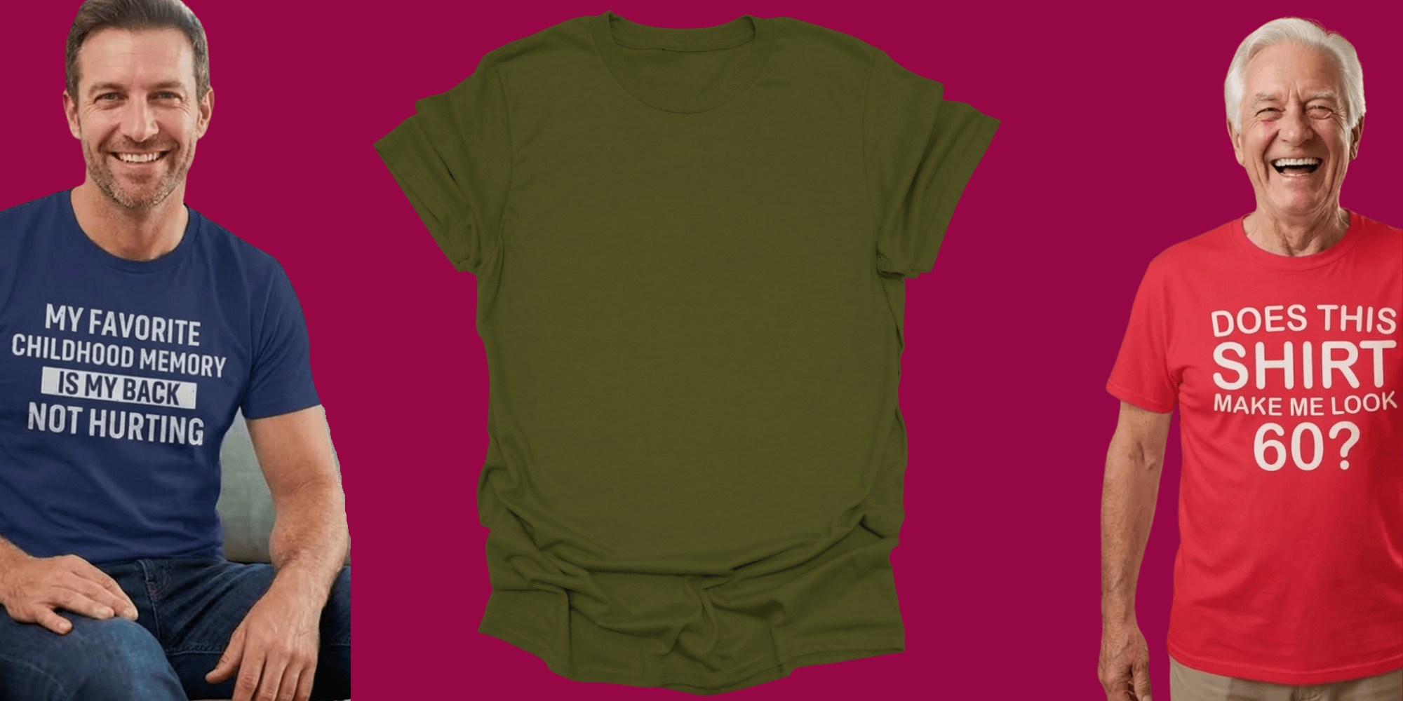 Three shirts with humorous text designs on a pink background