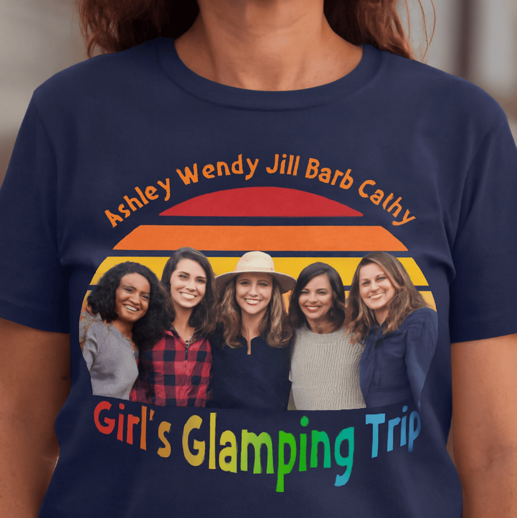 Girl's Glamping Trip custom tee with photo & names, soft cotton shirt for group travel or birthdays