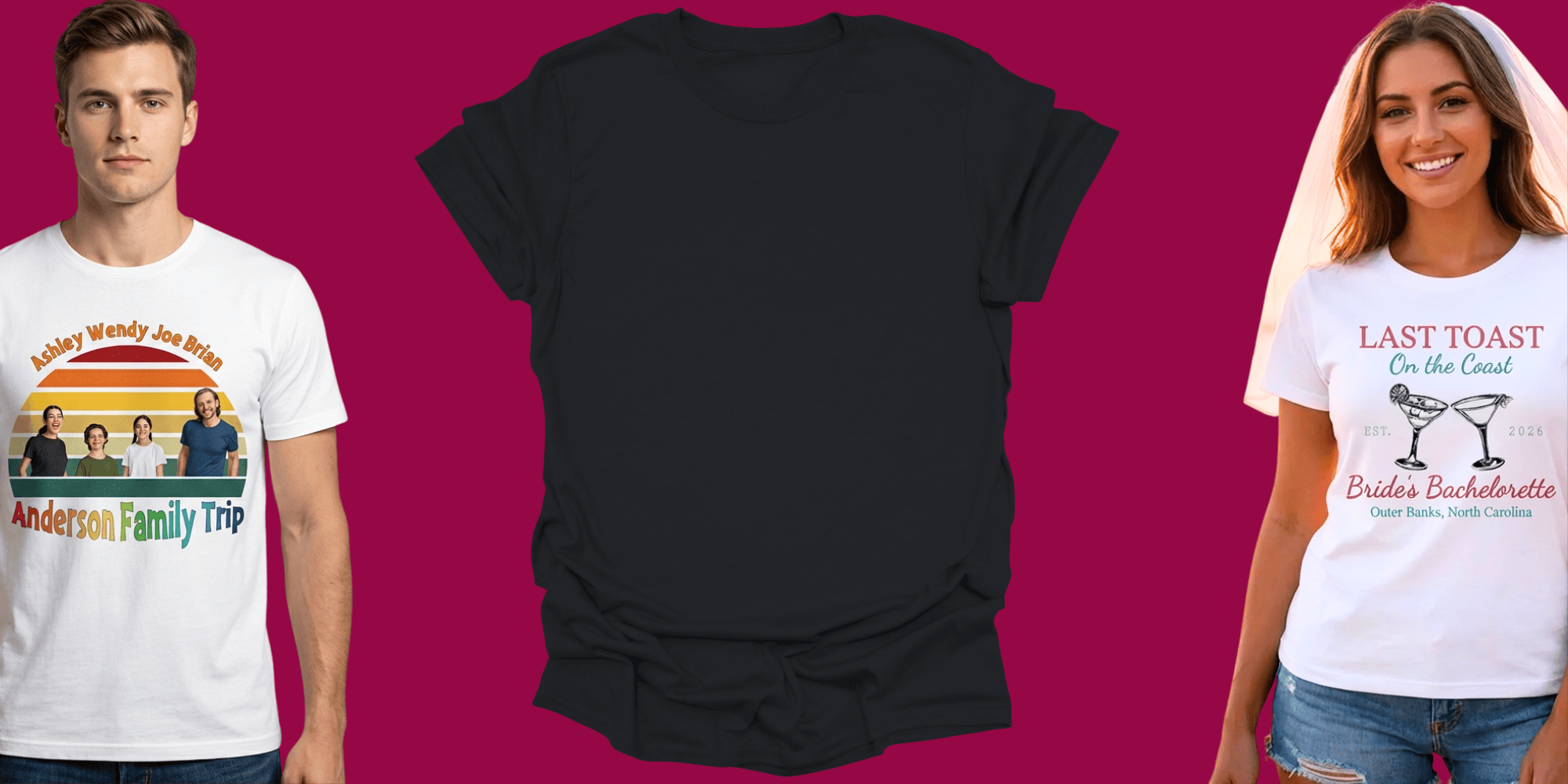 Black t-shirt with a plain back, next to a man and a woman wearing white t-shirts with printed designs on a pink background.