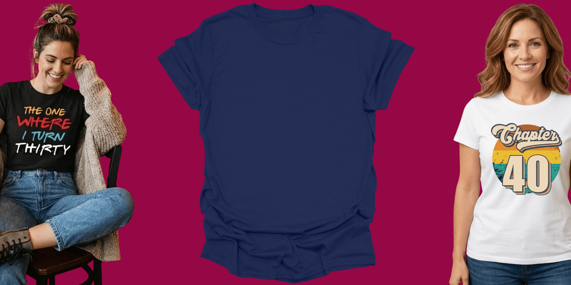 Navy blue t-shirt with a plain design, surrounded by two women wearing different t-shirts on a pink background.
