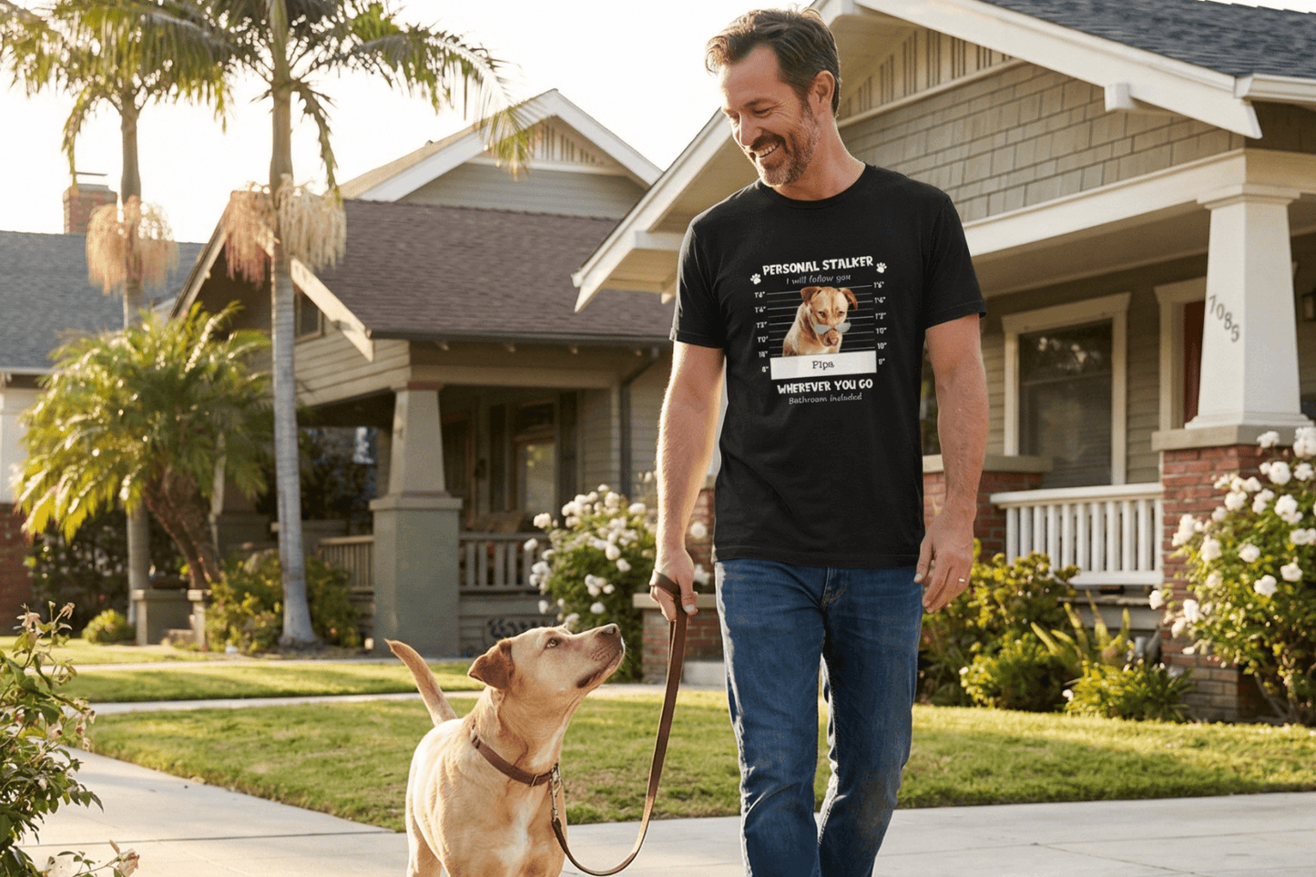 Man walking dog in funny 'Personal Stalker' graphic tee, soft cotton t-shirt for dog lovers