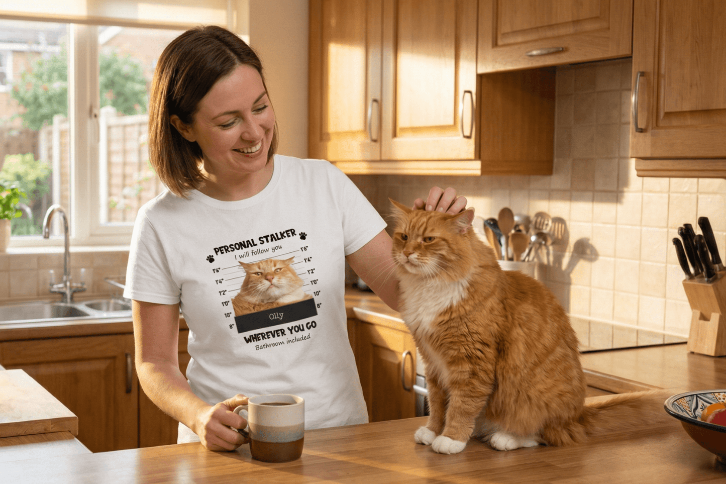 Woman wearing funny cat lover tee with 'Personal Stalker' print, petting ginger cat in sunny kitchen