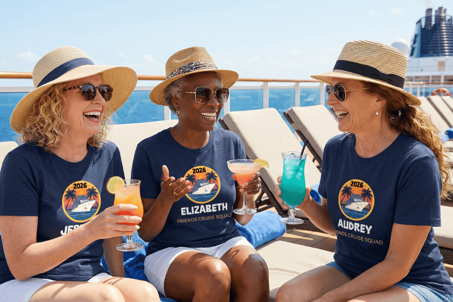 Three women in matching 2026 cruise squad tees laughing on deck with tropical drinks, perfect for group trips and birthdays.