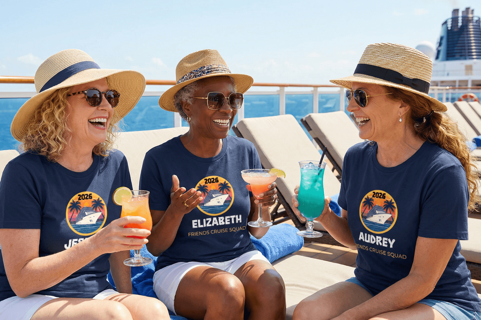 Three women in matching 2026 cruise squad tees laughing on deck with tropical drinks, perfect for group trips and birthdays.