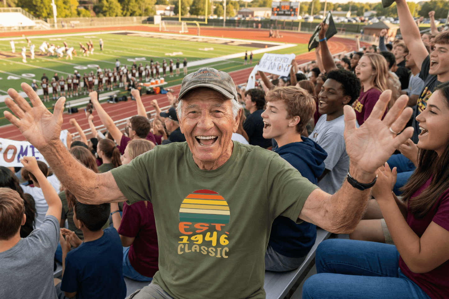 Happy senior man cheering at football game in vintage 'Est. 1946 Classic' tee, surrounded by excited fans.