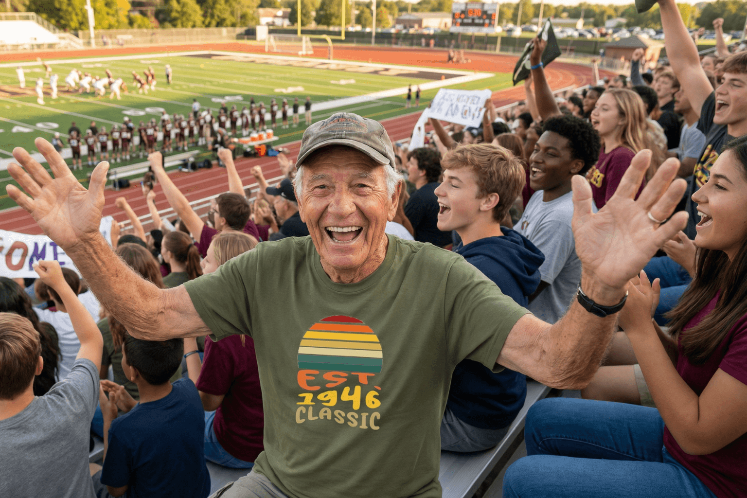 Happy senior man cheering at football game in vintage 'Est. 1946 Classic' tee, surrounded by excited fans.
