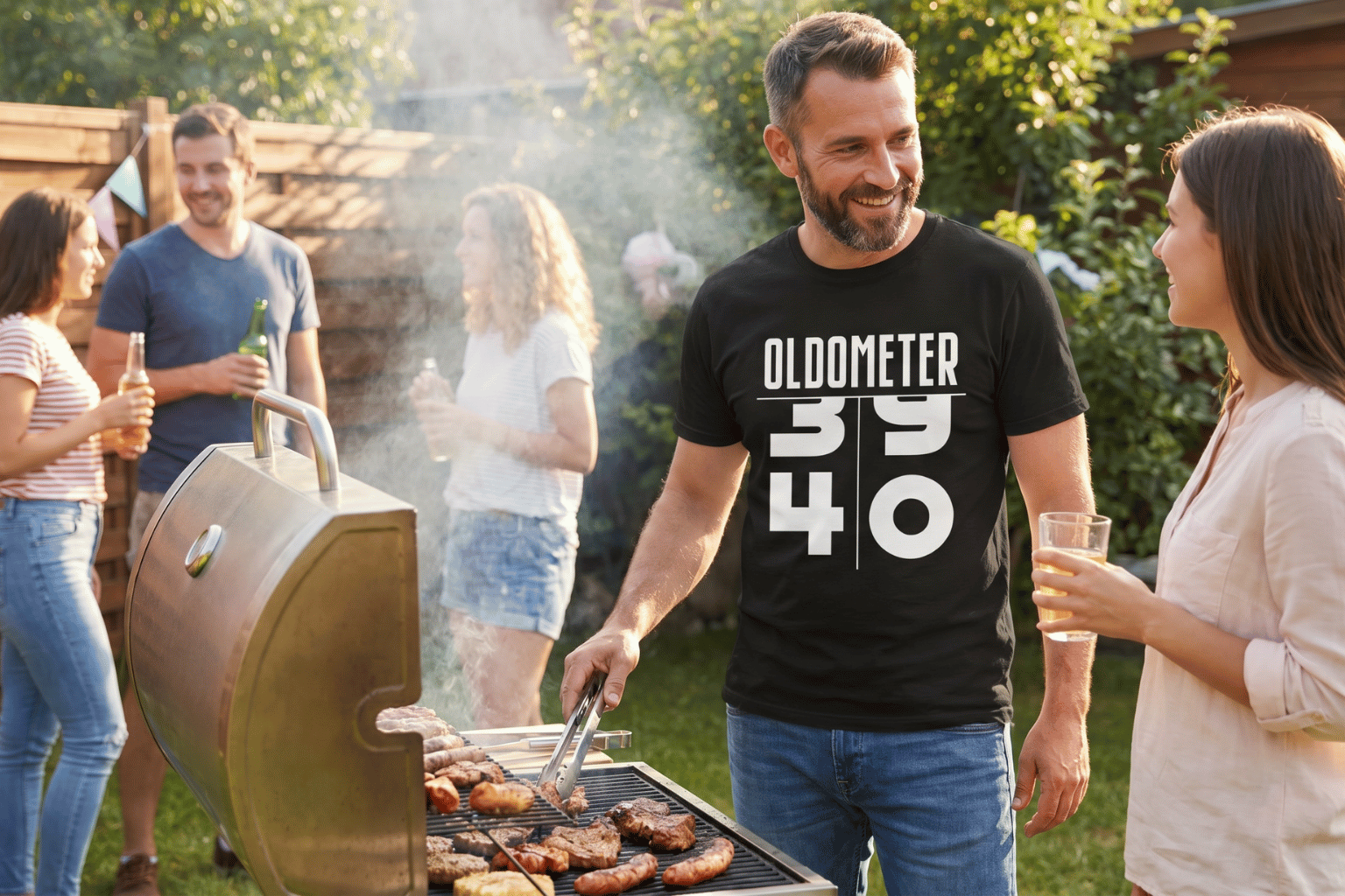 Man wearing an Epic Era Tees black t-shirt with a white 'OLDOMETER 39 to 40' graphic at a BBQ.