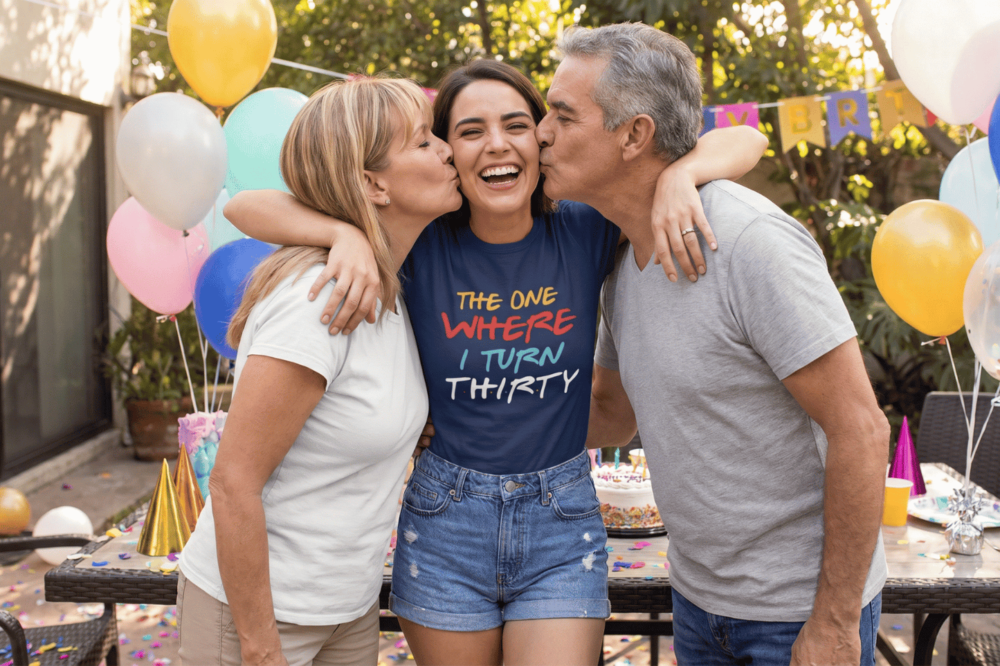 Epic Era Tees navy blue shirt with 'THE ONE WHERE I TURN THIRTY' text in a colorful TV show style.
