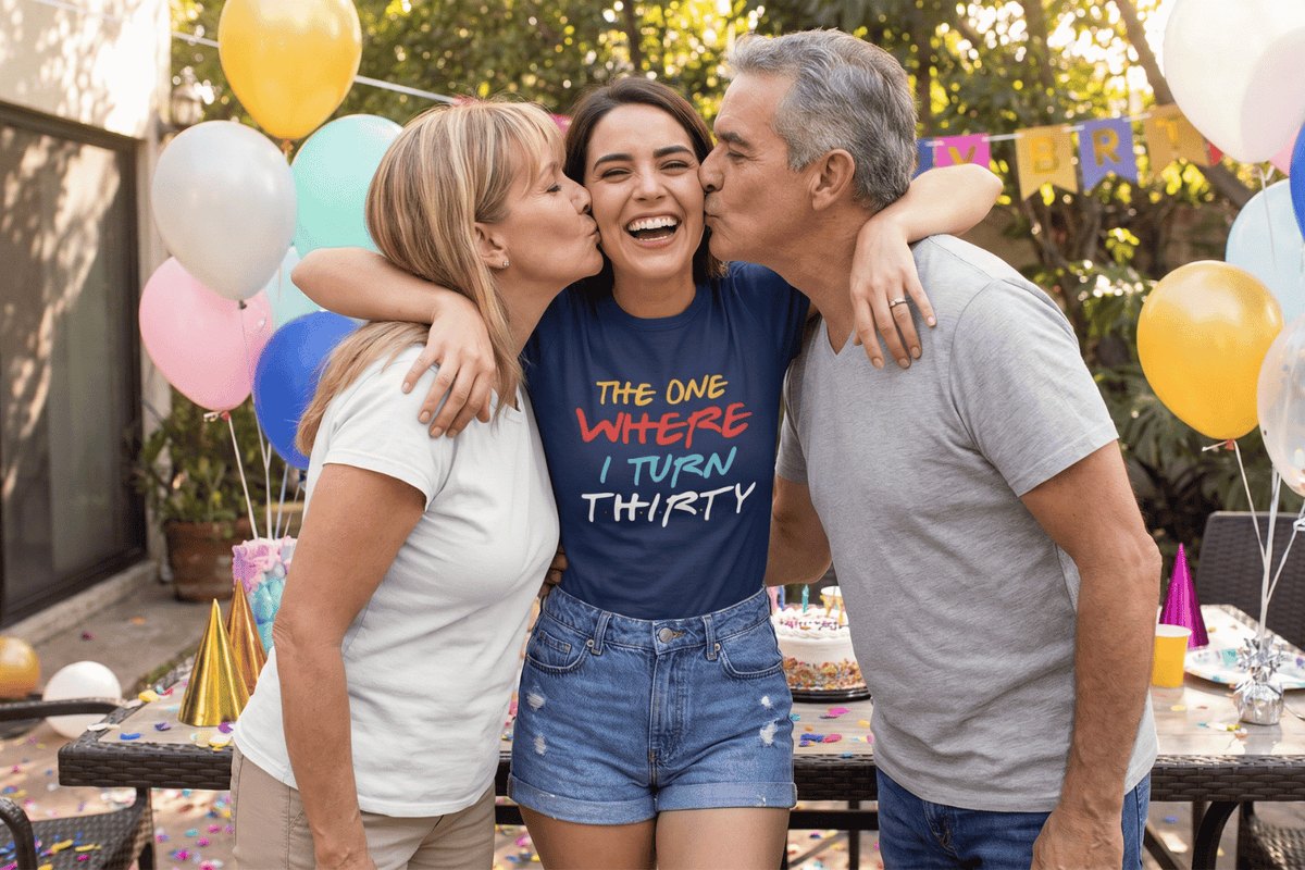 Epic Era Tees navy blue shirt with 'THE ONE WHERE I TURN THIRTY' text in a colorful TV show style.