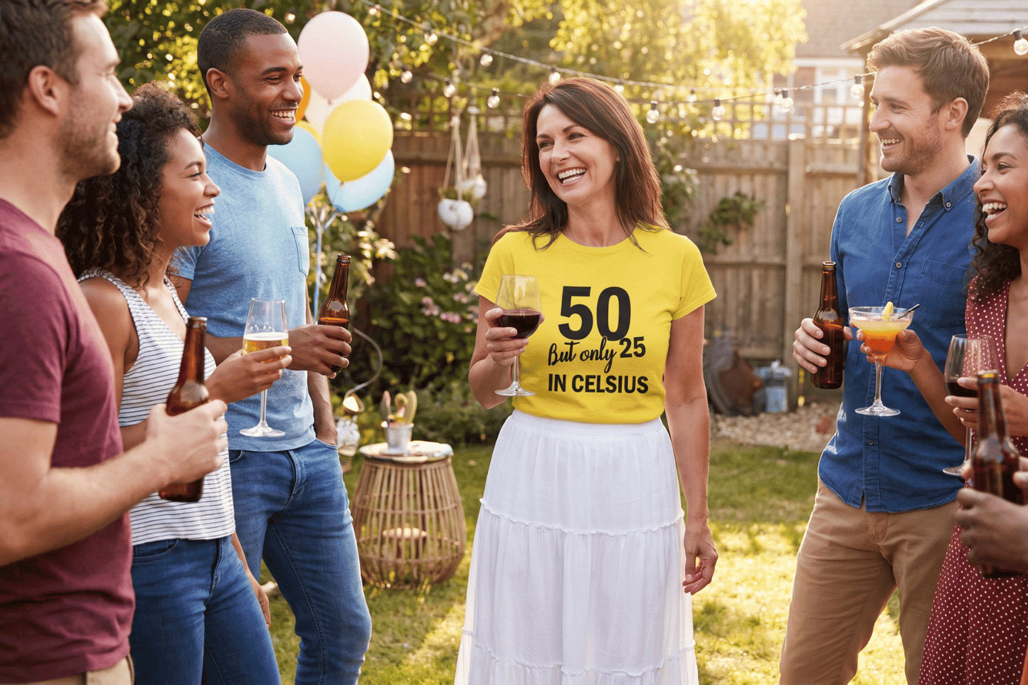 Woman wearing a yellow Epic Era Tees shirt with '50 But only 25 IN CELSIUS' text in black.