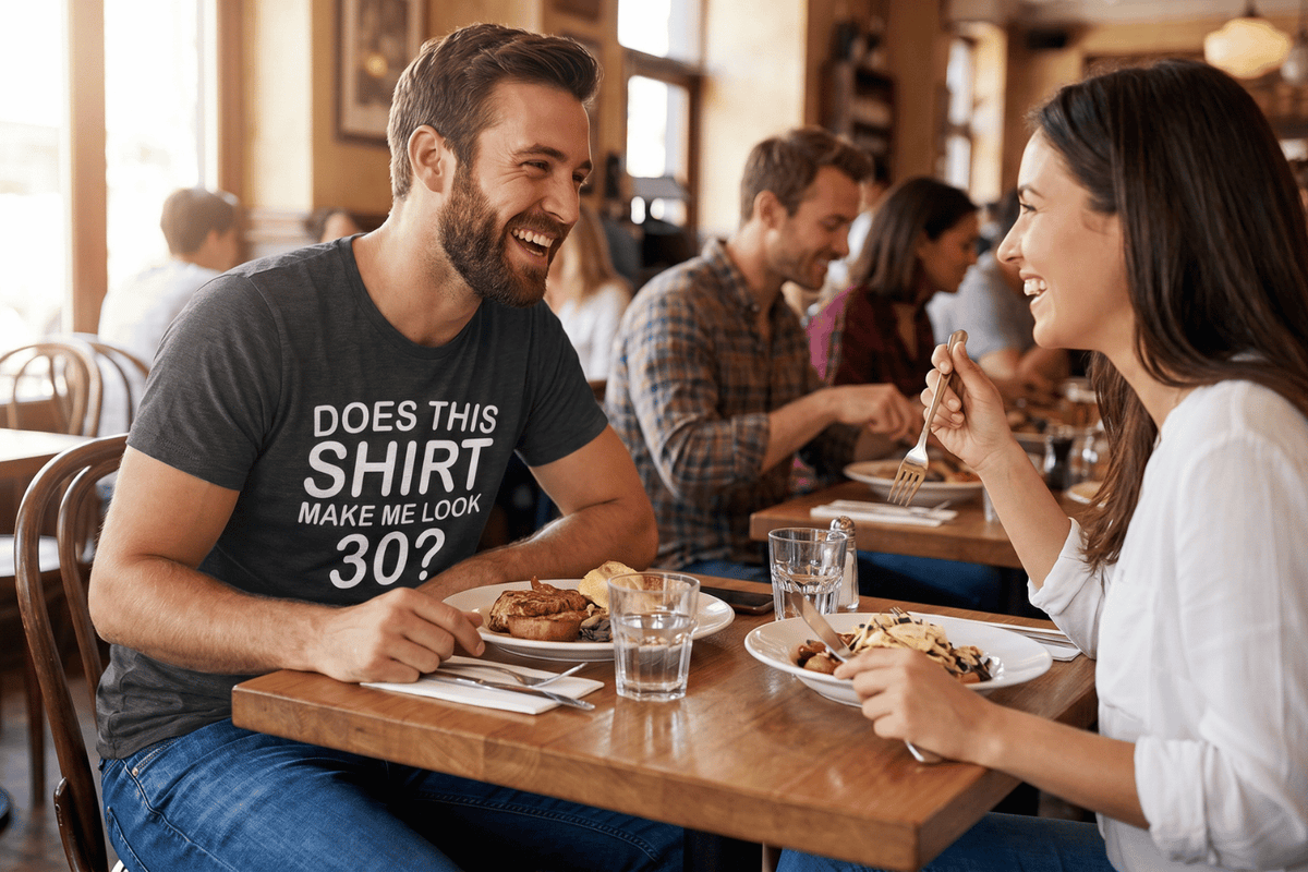 Man in a grey Epic Era Tees shirt with white text reading 'DOES THIS SHIRT MAKE ME LOOK 30?'
