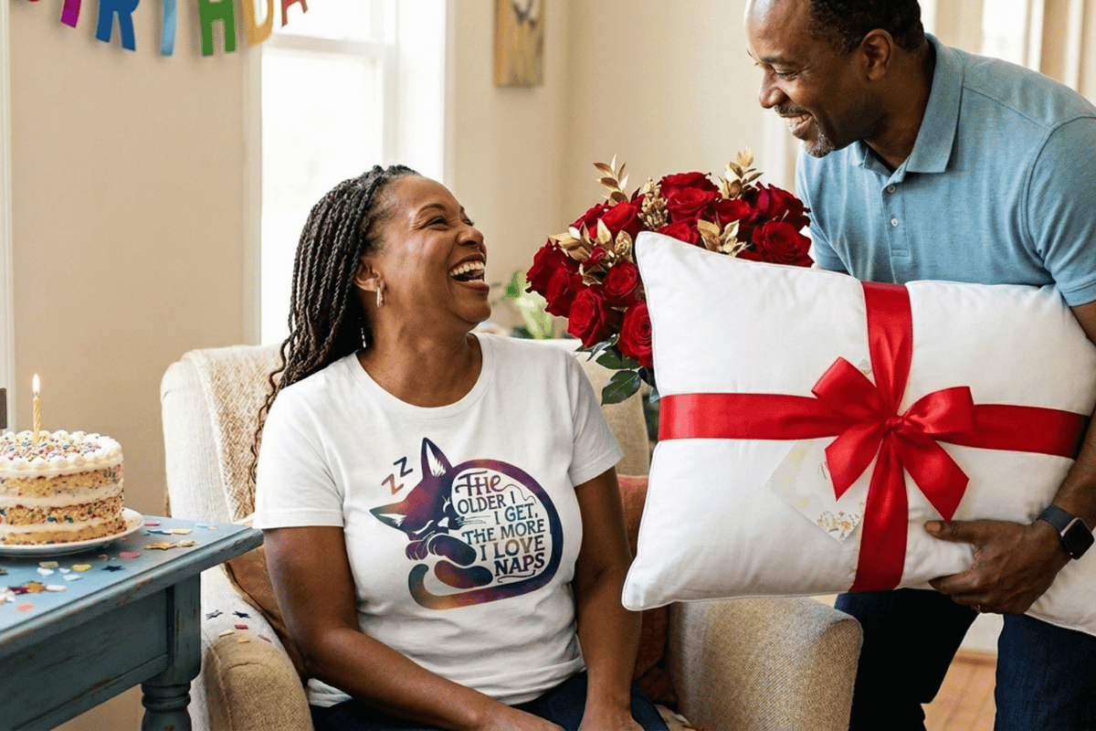 Woman in white Epic Era Tees shirt with a sleeping cat graphic and 'The Older I Get' text.