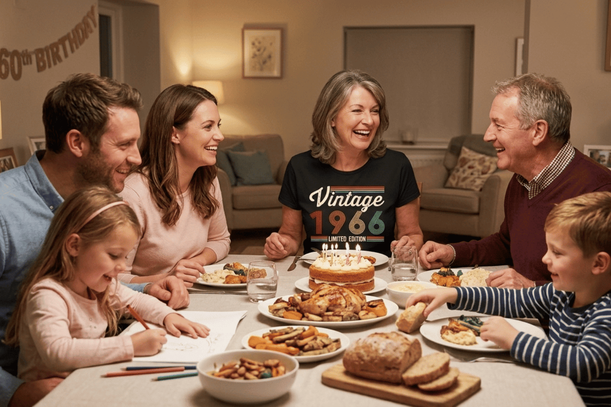 Woman wearing a black Epic Era Tees shirt with 'Vintage 1966' retro text at a family dinner.