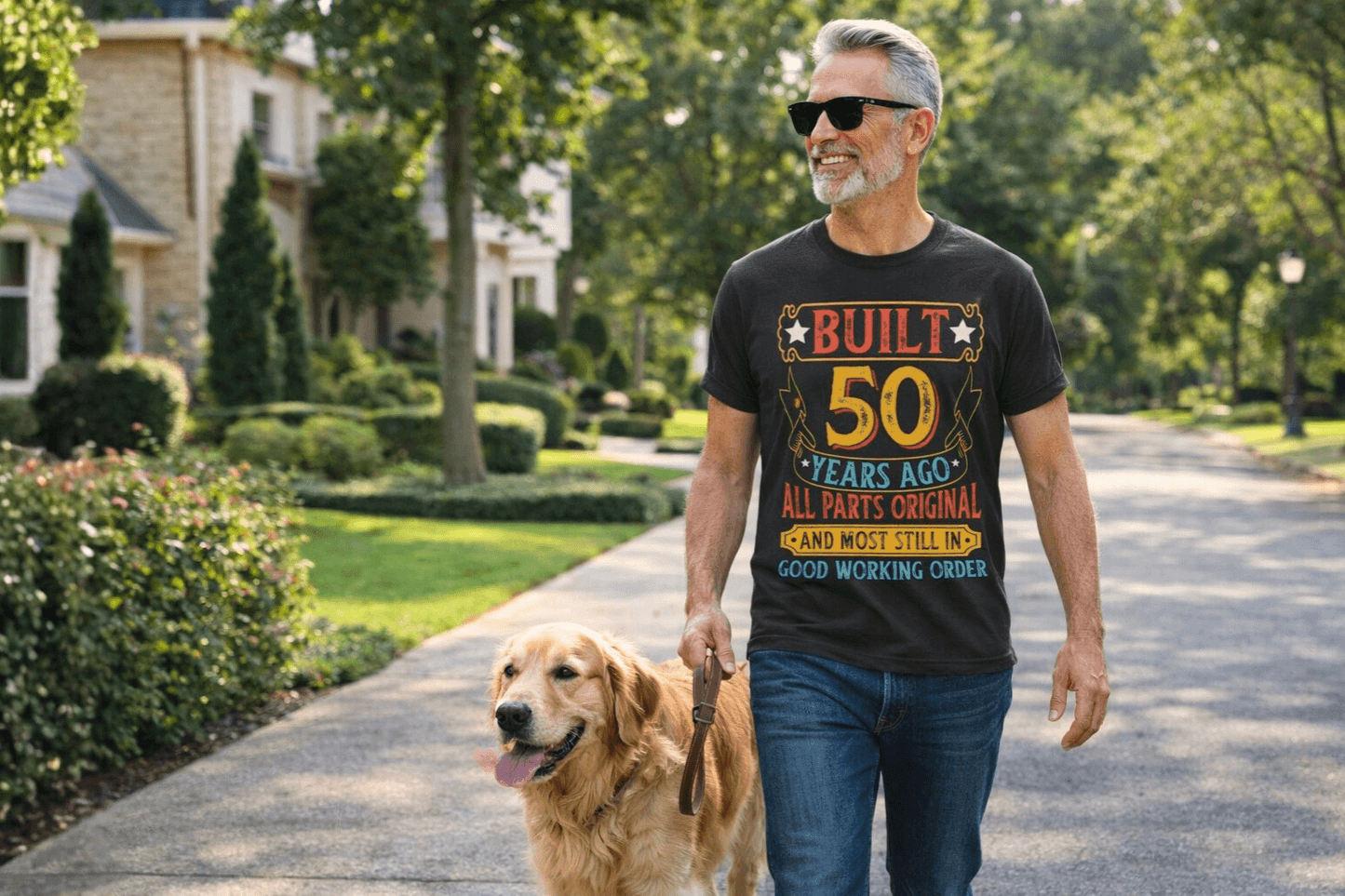 Man walking golden retriever wearing 50th birthday tee: 'Built 50 Years Ago, All Parts Original'