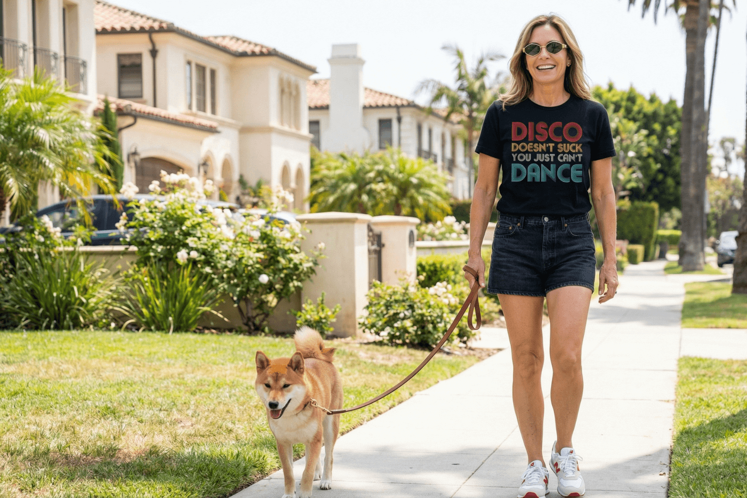 Woman walking dog in 'Disco Doesn't Suck' tee, soft graphic t-shirt for casual outings and birthdays