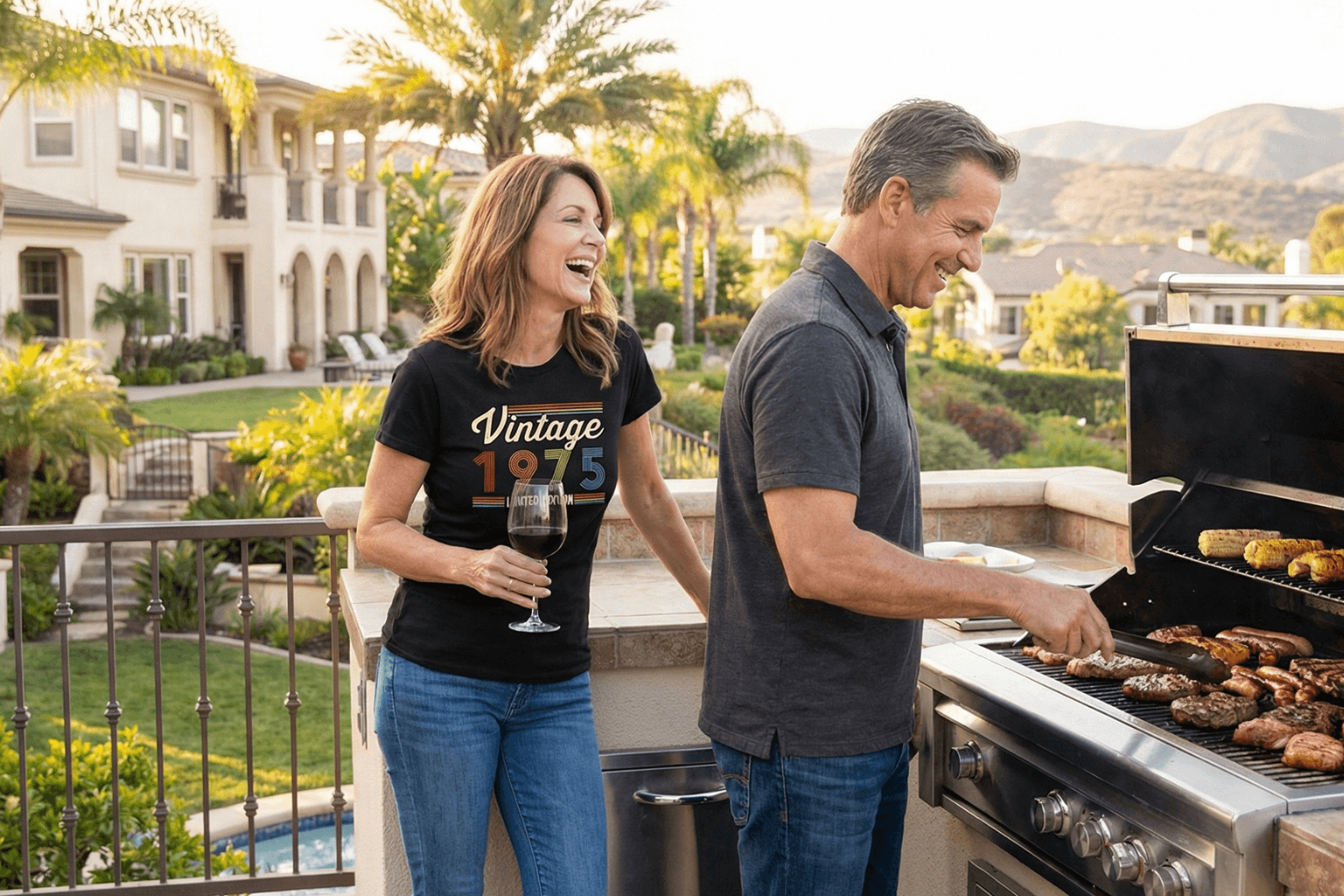 Woman in Vintage 1975 tee laughing with man grilling outdoors, perfect for birthdays or trips