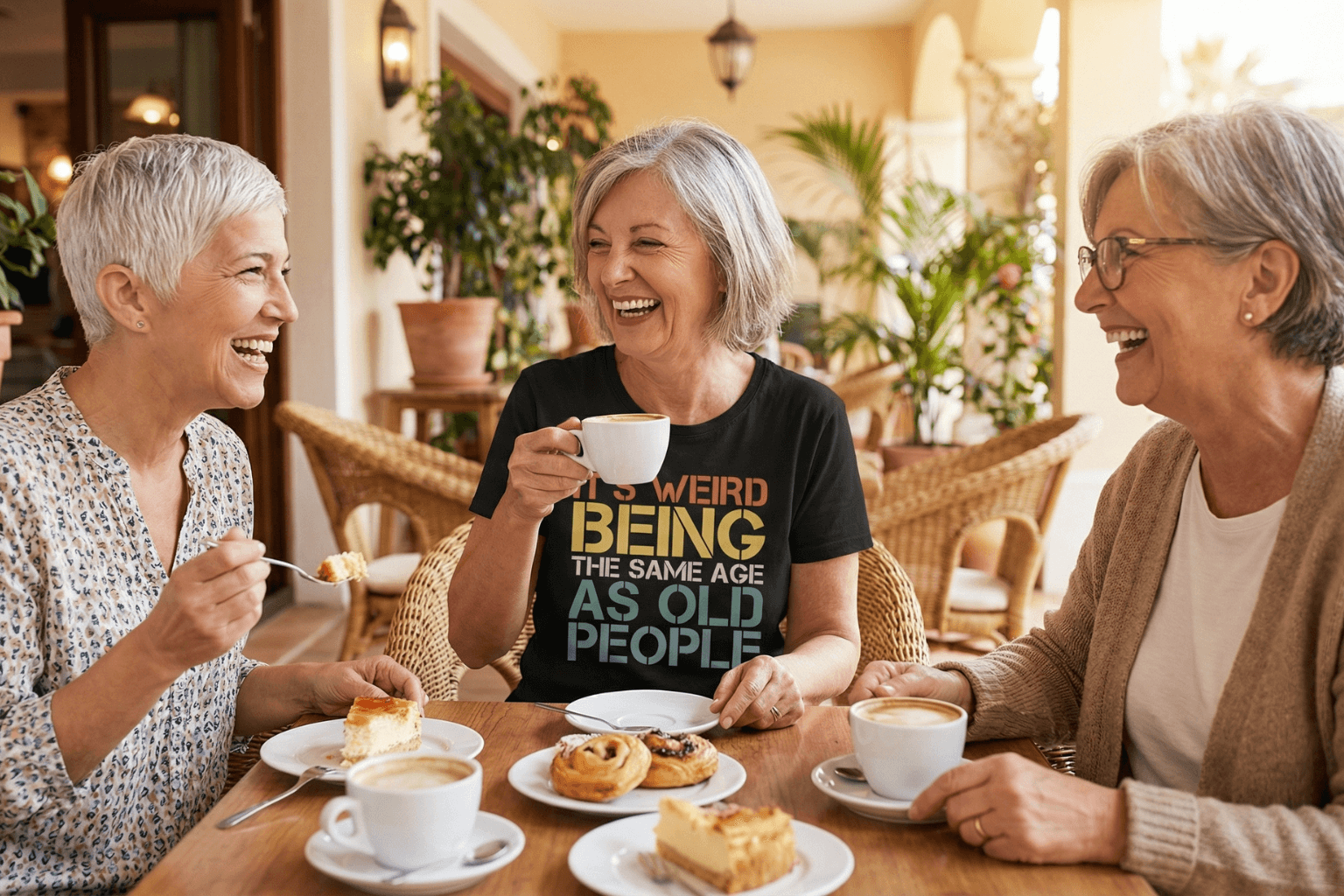 Women laughing over coffee and cake, one wearing funny age-themed tee