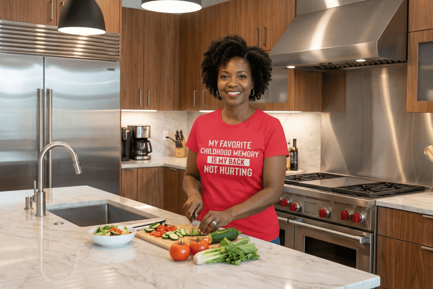Woman in red graphic tee chopping veggies in modern kitchen, soft cotton t-shirt with funny quote