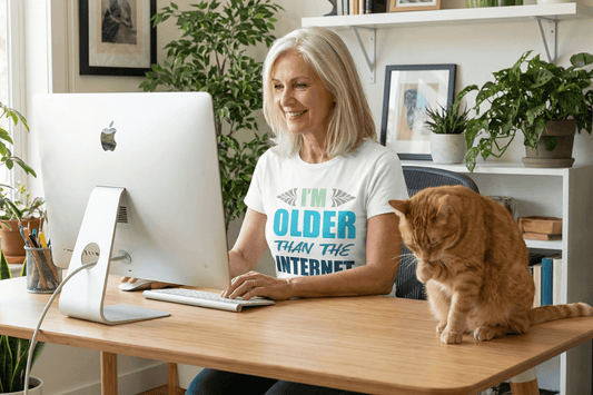 Woman wearing 'I'm Older Than The Internet' tee at desk with cat, soft graphic t-shirt for birthdays or trips