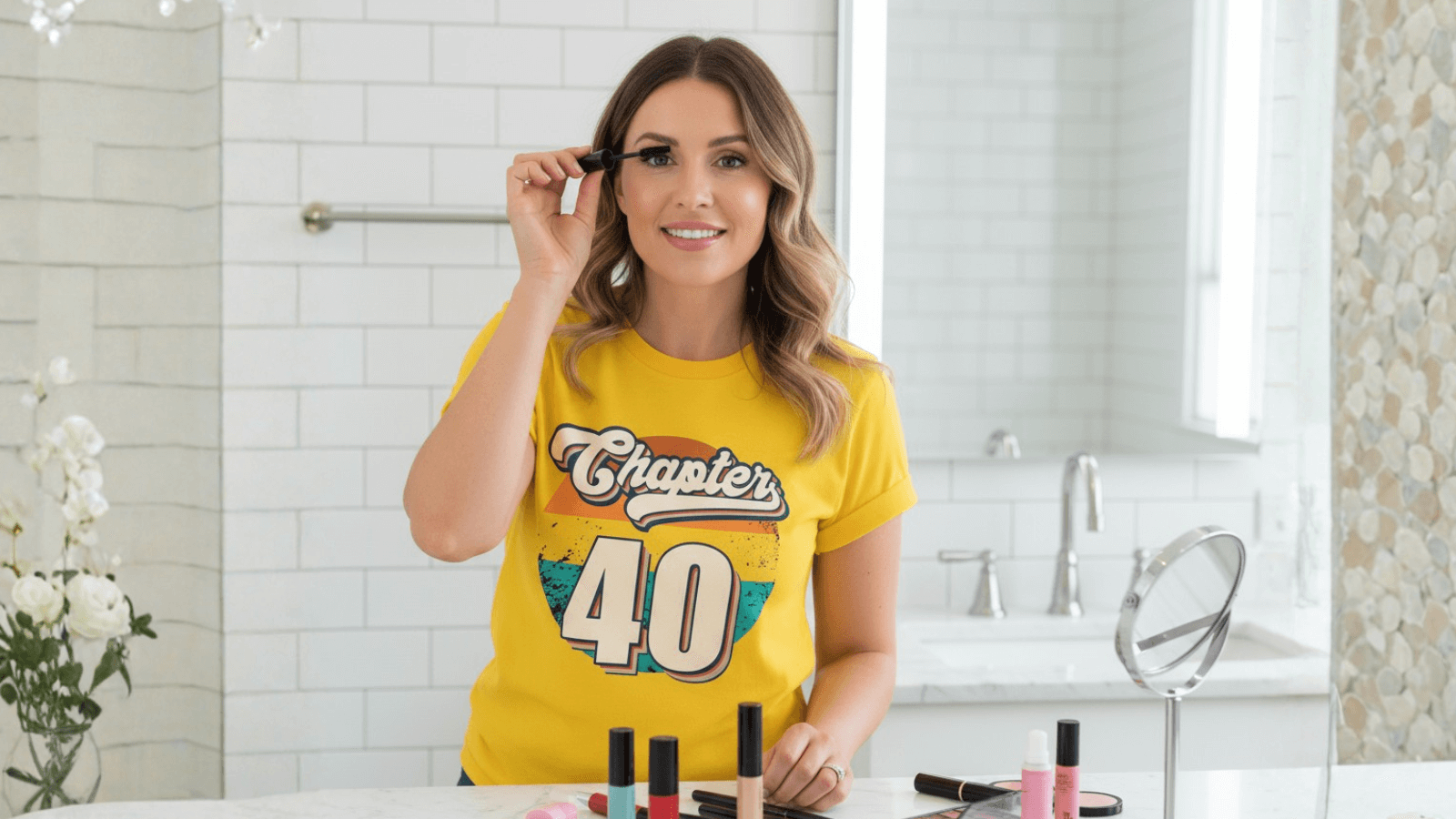 Woman applying mascara in bathroom wearing yellow 'Chapter 40' birthday tee for milestone celebration
